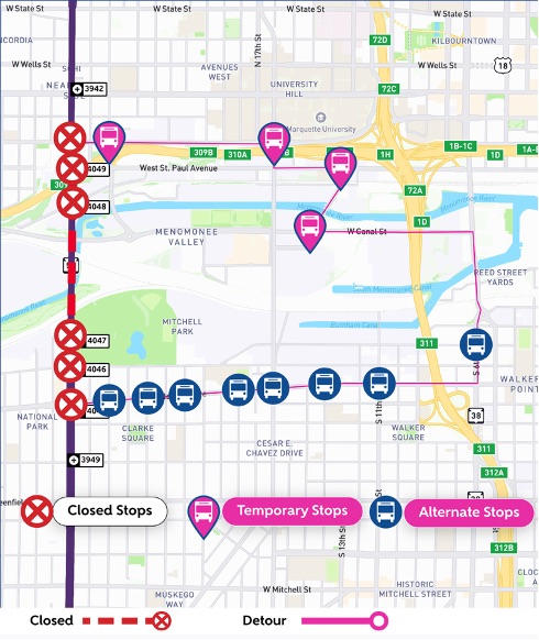 Map of purpleline I-94 related northbound detour.