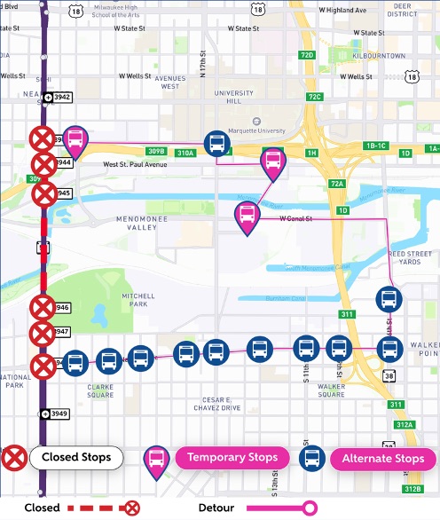Map of purpleline I-94 related southbound detour.