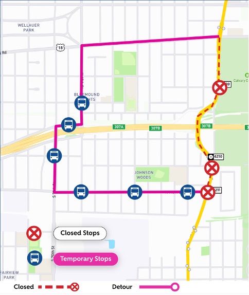 Map of purpleline I-94 related southbound detour.
