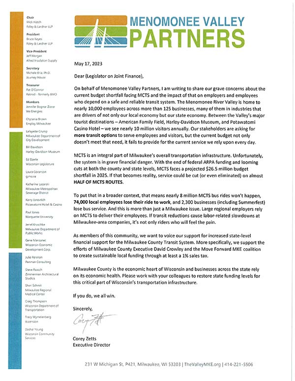 Menomonee Valley Partners Letter