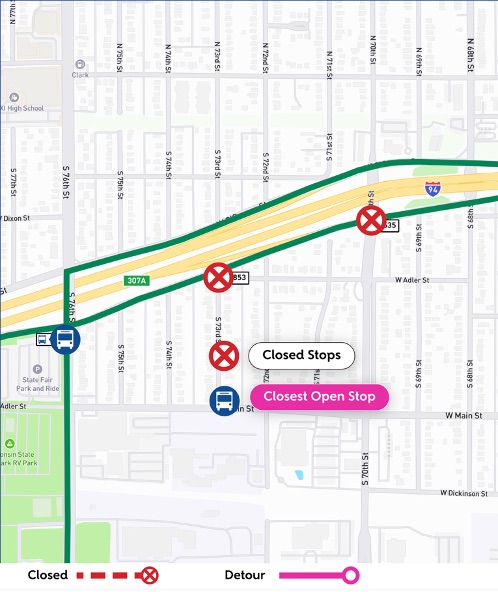 Map of route 44U I-94 related westbound detour.
