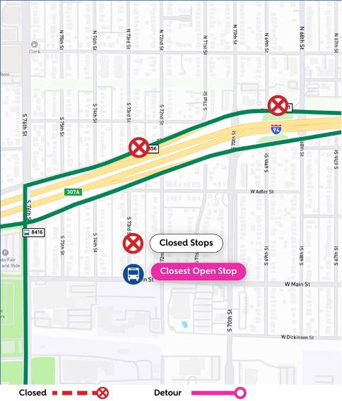 Map of purpleline I-94 related eastbound detour.