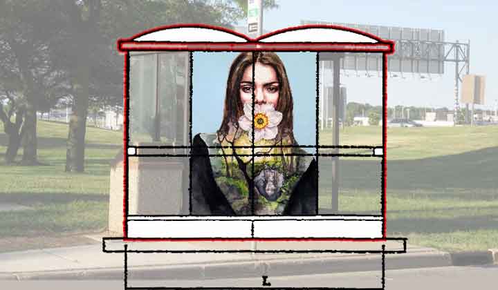 A digital collage of a woman with a flower over her mouth is superimposed onto a sketch of a bus stop shelter, with a roadside background visible.